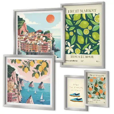 Conjunto de cuadros decorativos diseño de vacaciones con frutas tropicales
