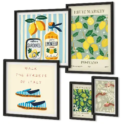 Set de 5 cuadros para salón con motivos de inspiraciones frutales vintage