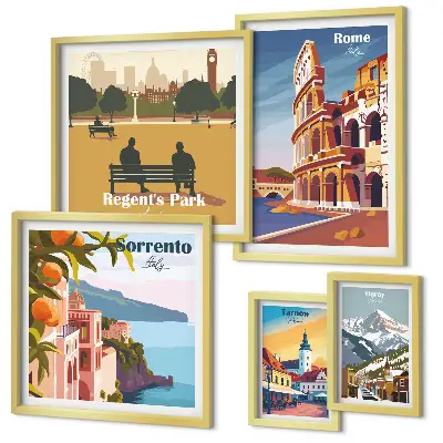 Set de 5 cuadros para salón con paisajes de ciudades europeas