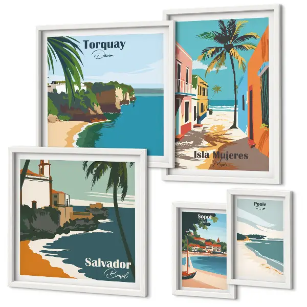 Conjunto de cuadros decorativos con diseño de playas costeras coloridas