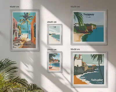 Conjunto de cuadros decorativos con diseño de playas costeras coloridas