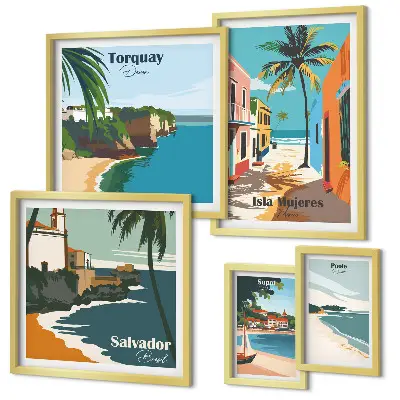 Conjunto de cuadros decorativos con diseño de playas costeras coloridas