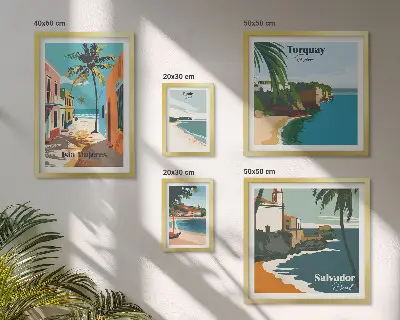 Conjunto de cuadros decorativos con diseño de playas costeras coloridas