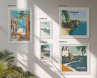 Conjunto de cuadros decorativos con diseño de playas costeras coloridas