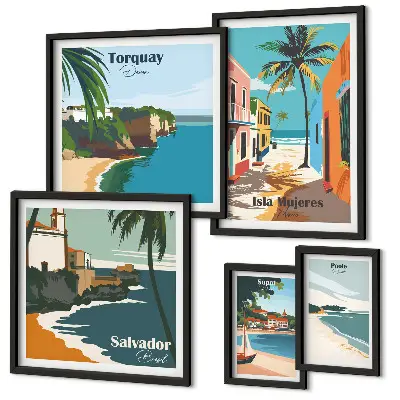 Conjunto de cuadros decorativos con diseño de playas costeras coloridas