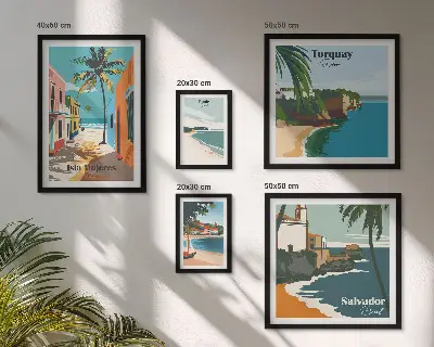 Conjunto de cuadros decorativos con diseño de playas costeras coloridas