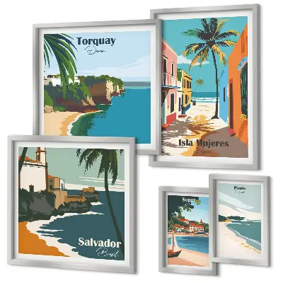 Conjunto de cuadros decorativos con diseño de playas costeras coloridas