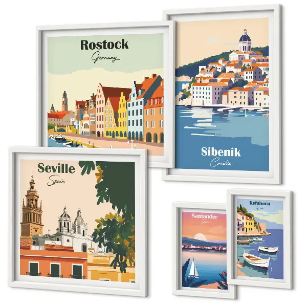 Conjunto de cuadros decorativos con paisajes de ciudades costeras