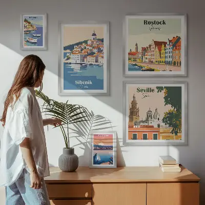 Conjunto de cuadros decorativos con paisajes de ciudades costeras