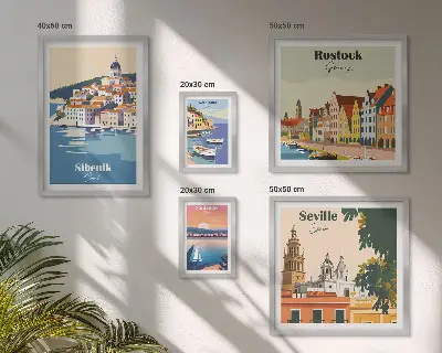 Conjunto de cuadros decorativos con paisajes de ciudades costeras