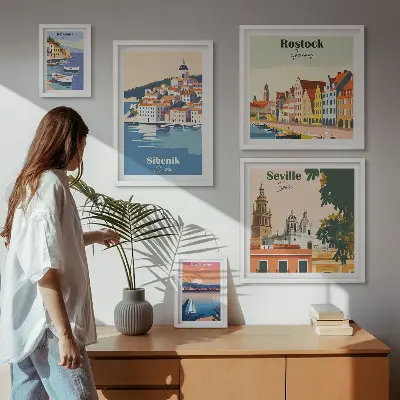 Conjunto de cuadros decorativos con paisajes de ciudades costeras