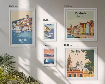 Conjunto de cuadros decorativos con paisajes de ciudades costeras