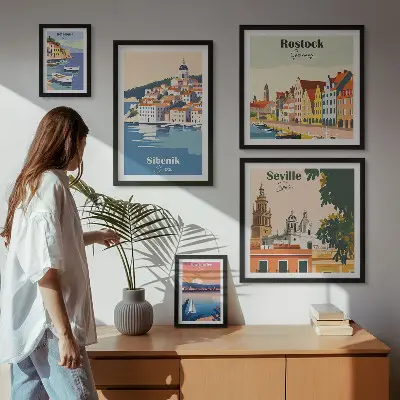 Conjunto de cuadros decorativos con paisajes de ciudades costeras