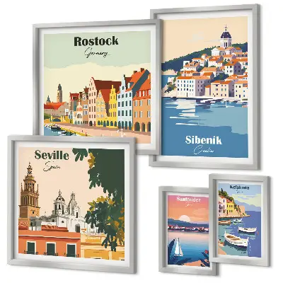 Conjunto de cuadros decorativos con paisajes de ciudades costeras