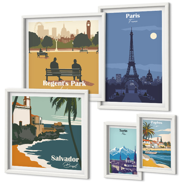 Conjunto de cuadros decorativos Ciudades europeas emblemáticas de estilo retro