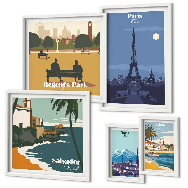 Conjunto de cuadros decorativos con diseño de ciudades europeas en estilo retro