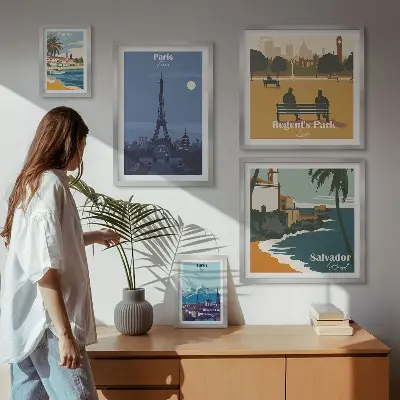 Conjunto de cuadros decorativos con diseño de ciudades europeas en estilo retro