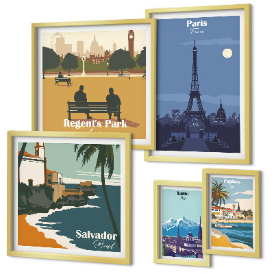 Conjunto de cuadros decorativos Ciudades europeas emblemáticas de estilo retro