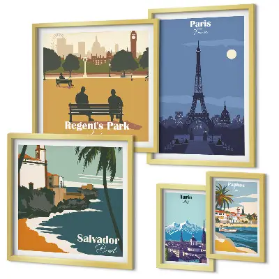Conjunto de cuadros decorativos con diseño de ciudades europeas en estilo retro