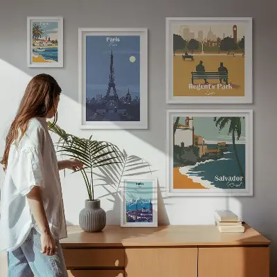 Conjunto de cuadros decorativos con diseño de ciudades europeas en estilo retro