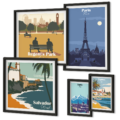 Conjunto de cuadros decorativos Ciudades europeas emblemáticas de estilo retro