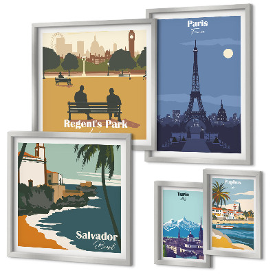 Conjunto de cuadros decorativos Ciudades europeas emblemáticas de estilo retro