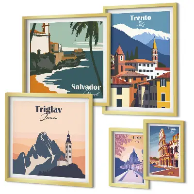 Set de 5 cuadros de paisajes urbanos europeos decoración para salón