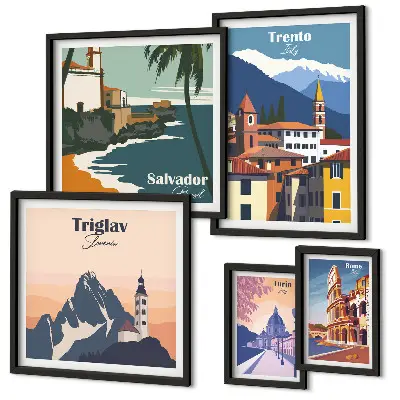 Set de 5 cuadros de paisajes urbanos europeos decoración para salón