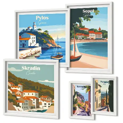 Set de 5 cuadros para salón con paisajes de ciudades costeras