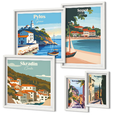 Set de 5 cuadros para salón Paisajes de ciudades costeras