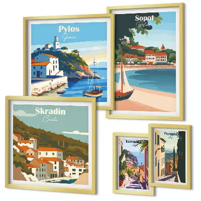 Set de 5 cuadros para salón con paisajes de ciudades costeras