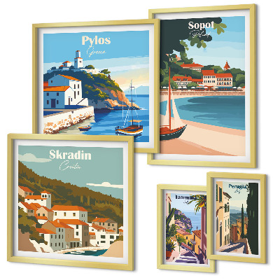 Set de 5 cuadros para salón Paisajes de ciudades costeras