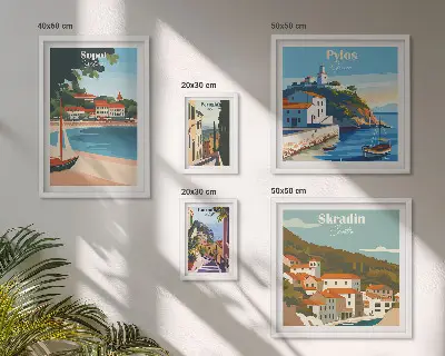 Set de 5 cuadros para salón con paisajes de ciudades costeras