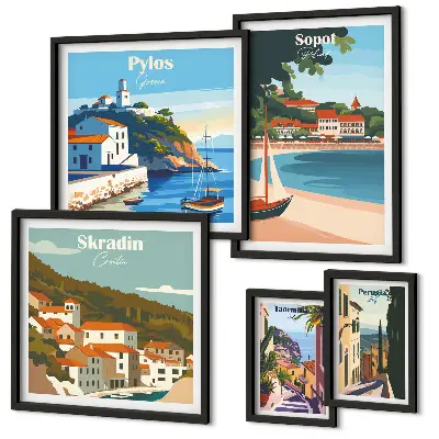 Set de 5 cuadros para salón con paisajes de ciudades costeras