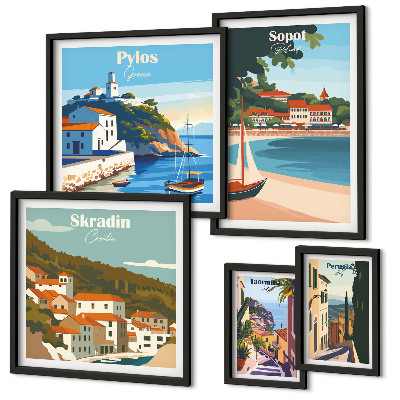 Set de 5 cuadros para salón Paisajes de ciudades costeras