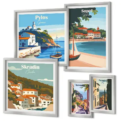 Set de 5 cuadros para salón con paisajes de ciudades costeras
