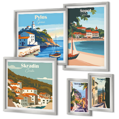 Set de 5 cuadros para salón Paisajes de ciudades costeras