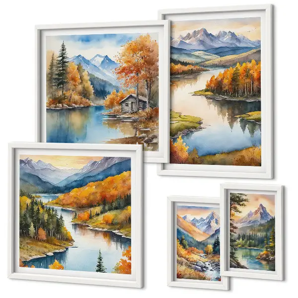 Conjunto de cuadros decorativos con paisajes de ríos de montaña y árboles de otoño