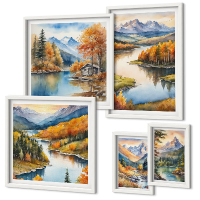 Conjunto de cuadros decorativos ríos de montaña árboles de otoño
