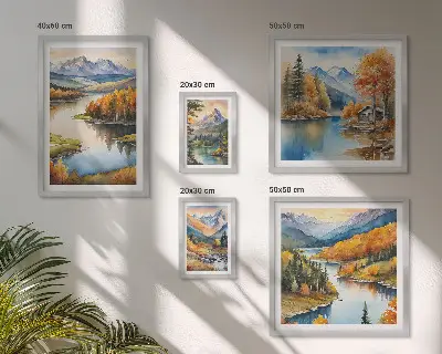 Conjunto de cuadros decorativos con paisajes de ríos de montaña y árboles de otoño