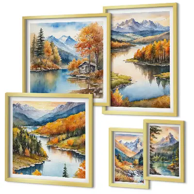 Conjunto de cuadros decorativos con paisajes de ríos de montaña y árboles de otoño