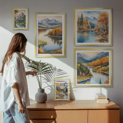 Conjunto de cuadros decorativos con paisajes de ríos de montaña y árboles de otoño