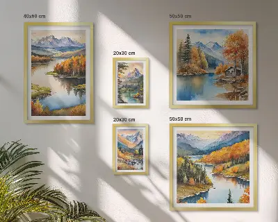 Conjunto de cuadros decorativos con paisajes de ríos de montaña y árboles de otoño
