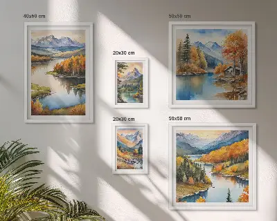 Conjunto de cuadros decorativos con paisajes de ríos de montaña y árboles de otoño