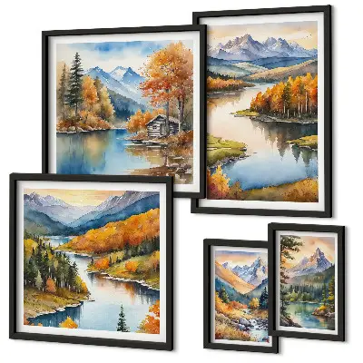 Conjunto de cuadros decorativos con paisajes de ríos de montaña y árboles de otoño