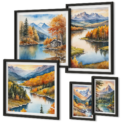 Conjunto de cuadros decorativos ríos de montaña árboles de otoño