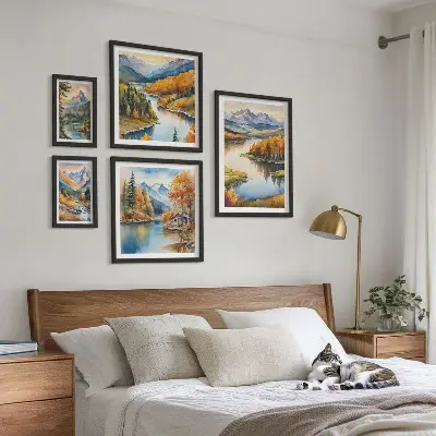 Conjunto de cuadros decorativos con paisajes de ríos de montaña y árboles de otoño
