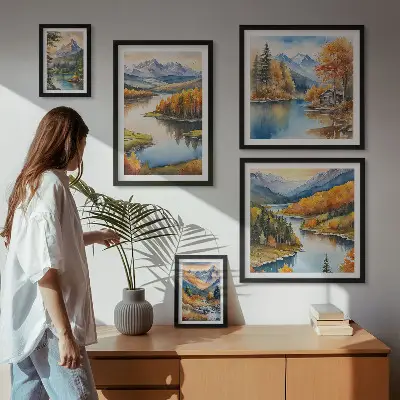 Conjunto de cuadros decorativos con paisajes de ríos de montaña y árboles de otoño