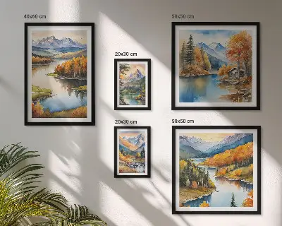 Conjunto de cuadros decorativos con paisajes de ríos de montaña y árboles de otoño