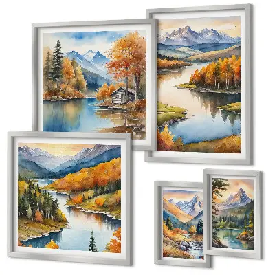 Conjunto de cuadros decorativos con paisajes de ríos de montaña y árboles de otoño